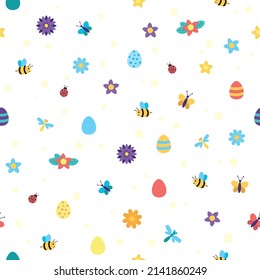 Endless pattern with eggs, flowers and insects. Spring, Easter pattern.