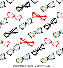 Endless pattern of elegant stylized glasses with clear and multi colored lenses and frames. Vector.