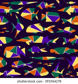 Endless pattern with fish of different shapes and sizes and colored triangles. Seamless texture