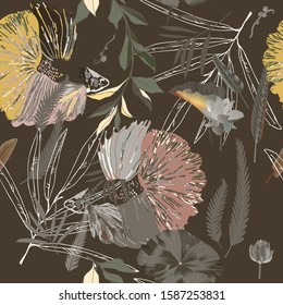 Endless pattern with fishes and algae. Water lilies and palm leaves vector illustration. Marine theme and style. Brown color background. The undersea world. Imitation of watercolor. EPS10