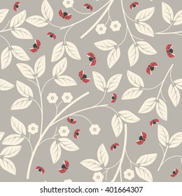 Endless pattern with flowers and ladybugs can be used for design fabric, backgrounds, wrapping paper, package, covers, linen and more designs.