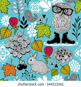Endless pattern with forest birds and animals. Floral background in vector.
