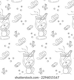 Endless pattern of Freehand outline drawing of a glass cup with mulled wine, spices and zest. Vector