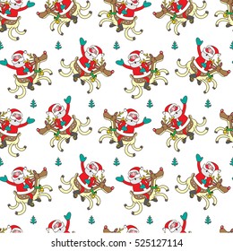 Endless pattern with funny Santa Claus riding on Christmas reindeer.