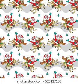 Endless pattern with funny Santa Claus riding on Christmas reindeer.