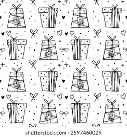 Endless pattern with gift boxes for decorating wrapping paper, cards and packages. Seamless background in doodle style