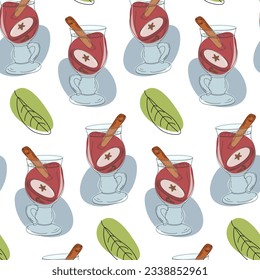 Endless pattern of glass cup with mulled wine, cinnamon stick, apple slice, leave and colorful spots