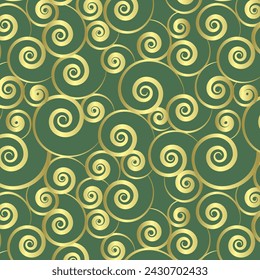 Endless pattern of golden spirals on green backdrop. Luxury metallic Christmas print.