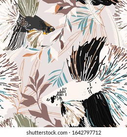 Endless pattern with goldfish and algae. Vector illustration. Marine theme, bright saturated colors on aquamarine background. The undersea, anderwater world. Imitation draw of watercolor. EPS10