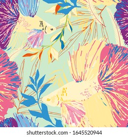 Endless pattern with goldfish and algae. Vector illustration. Marine theme, bright saturated colors on aquamarine background. The undersea, anderwater world. Imitation draw of watercolor. EPS10