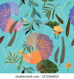 Endless pattern with goldfish and algae. Water lilies and palm leaves vector illustration. Marine theme, marine style, bright saturated colors on aquamarine background. The underworld. Imitation of wa