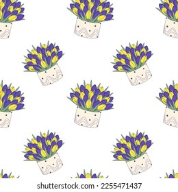 Endless pattern of great Bouquet of colorful tulip flowers in cartoon style in trendy hues. 8 March