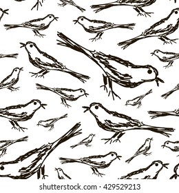 Endless pattern with hand-drawn black-and-white birds. Seamless pattern with sketches of birds.-stock vector