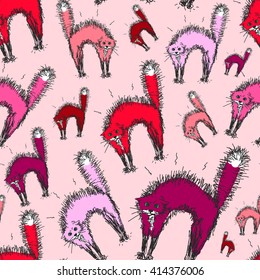Endless pattern with hand-drawn cats in a threatening pose. Seamless texture with funny animals