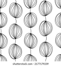 Endless pattern of hand-drawn vertical garlands with balls on a white square background. Used for printing on paper, fabric, packaging, wallpaper, wall art. Eps10.