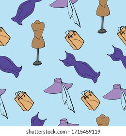 
Endless pattern of a hat, mannequin, dress, package for purchases on a blue background, for business design, advertising, page, packaging and background.