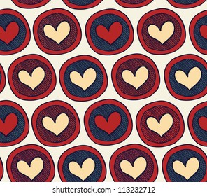 Endless pattern with hearts in circles. Abstract background with many decorative elements. Colorful cute texture