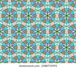 Endless Pattern of kite, Pentagon and hexagons Shapes, with Astra, turquoise, Wistful, Bitter and Sisal color.