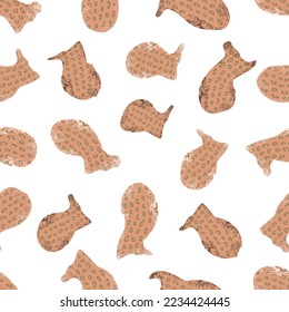 Endless pattern of light brown textural shapes on a white square background. Unusual fish. Used for printing on paper, fabric, packaging, wallpaper. Eps10.