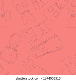 Endless pattern line art vintage aprons on coral background. Flat cartoon style Vector illustration.