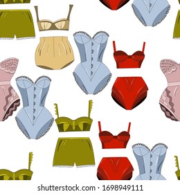 Endless pattern lingerie collection. Lace underwear set , panties, bras, knickers isolated on white background. Vector illustration.