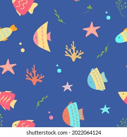 Patrón interminable con la vida marina. Fondo azul sin costuras con peces. Estilo de caricatura. Vector. 