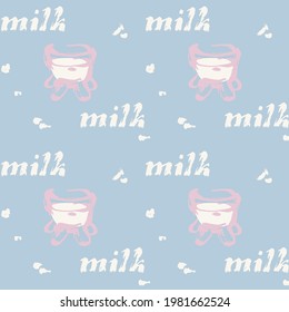 Endless pattern with milk jar and lettering in brush stroke style. For banners, textile prints, backgrounds.