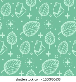 Endless pattern with mint leaves, bubblegum signs. Idea of wrapping paper for bubblegum.