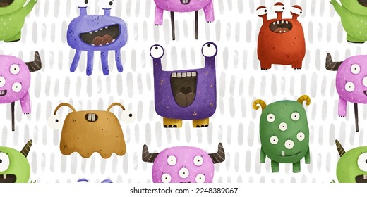 endless pattern with monsters, funny cartoon monsters, mutants, comoc childish illustration