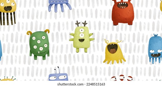 endless pattern with monsters, funny cartoon monsters, mutants, comoc childish illustration