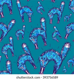 Endless pattern with mosaic cats in a protective pose. Seamless texture