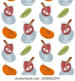 Endless pattern of Mulled wine with cinnamon stick, apple and orange slice, green leaf with spots