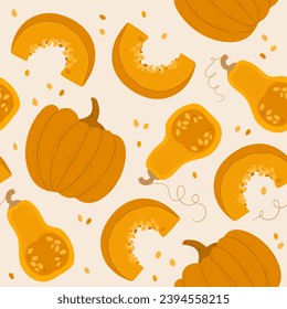 endless pattern with orange pumpkins. whole and cut raki pumpkins laid out on a delicate background