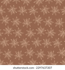 Endless pattern of outline drawing anise star on backdrop in trendy brown hue. Herbs And Spices Day