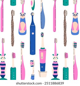 Endless pattern for packaging and textiles on the topic of dental hygiene. Toothbrushes, pastes and other oral hygiene products. Vector illustration in a modern flat cartoon style.