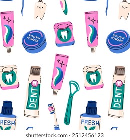 Endless pattern for packaging and textiles on the topic of dental hygiene. Toothbrushes, pastes and other oral hygiene products. Vector illustration in a modern flat cartoon style.