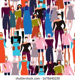 Endless pattern with people wearing protective face mask. Latest trend news, fashion bloggers post. Flat cartoon illustration on white background. Vector illustration.