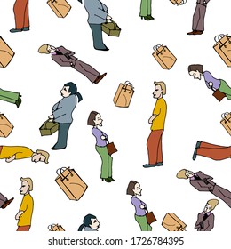 
Endless pattern of people, women, men and packages with purchases on a white background