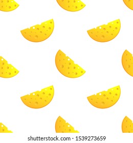 Endless pattern with pieces of cheese isolated on white background; Cute food illustration; Vector seamless background for fabric print, texture and wrapping paper