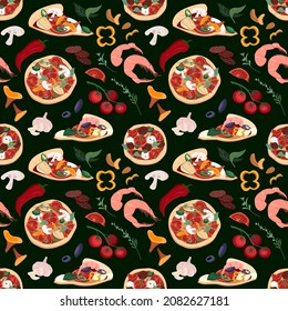 Endless Pattern for pizzeria Menu with Pizza , ingredients on Dark background.Template for Italian food restaurants or cafes.Vector Flat illustration of advertisement Pizza ingredients,Italian snack