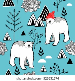 Endless pattern with polar bear in red heat, mountains and plants. Vector seamless background of nature.