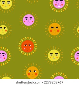 Endless pattern, positive suns. Repeatable backdrop, summer clipart. Funny sun logo
