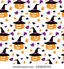 Patrón interminable de calabaza en un sombrero de bruja con cara sonriente y corazones alrededor en los modernos tonos de Halloween. Aislar. Diseño para embalar, afiche, banner, folleto o tarjetas, etiqueta o precio. Vector. EPS