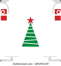 endless pattern of quadrocopters carrying gifts near christmas tree. style flat