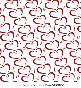 Endless pattern with red hearts and lettering. Vector seamless pattern. Love