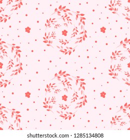 Endless pattern of red twigs arranged in a spiral on a pink background. Symmetrical illustration of plants with flowers ideal for printing. Vector seamless pattern for fabric. Surface repeat design