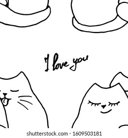 endless pattern for saint valentine day 14 february, a couple of sweet kissing handdrawn cats and inscription i love you. 