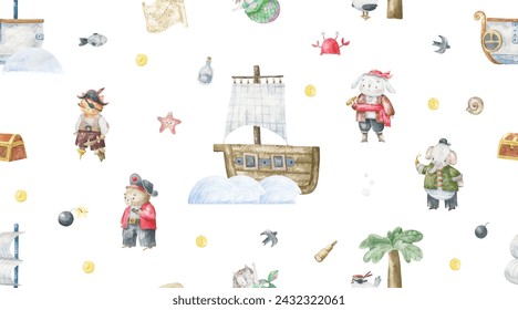endless pattern with sea, pirates ship, boat. Water transport. Oceania life. Cute animal character, pirate in hat. Seamless background