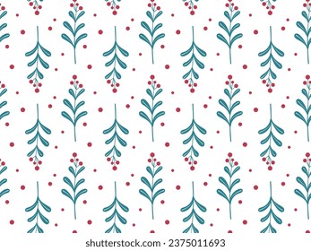 Endless pattern with seasonal winter plants. Christmas ornament made of green branches with red berries. Floral festive background for design