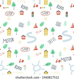 un patrón interminable marcó la carretera de los semáforos de los autos de la ciudad. ilustración vectorial de estilo de dibujo manual simple